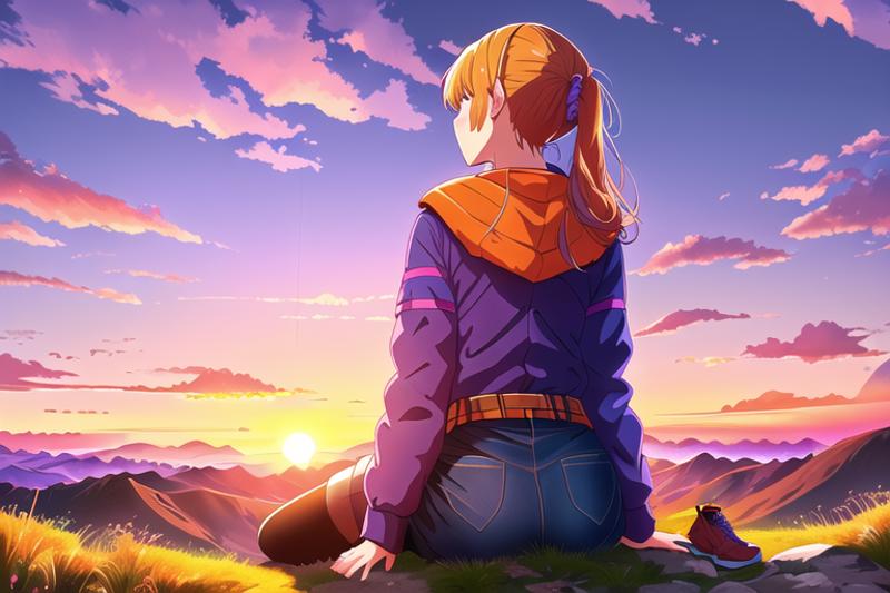 15536-1419470183-(Shot from behind_1.1) of a girl sitting a the top of a mountain (looking up_1.1) at the sky in the foreground, head tilted back.png